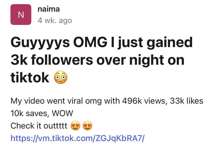 Naima: 496K Views and 3K followers overnight